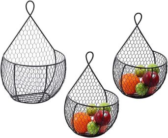 Set of 3,Wall-Mounted Hanging Metal Fruit Vegetable Baskets Hanging Produce Bins for Flowers, Decorations,Veggies,Decorations and More, Black